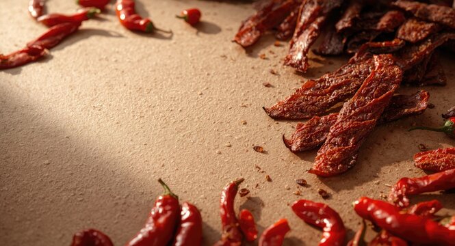 Freshly spiced dry beef jerky biltong and hot chili peppers laid out with copy space background
