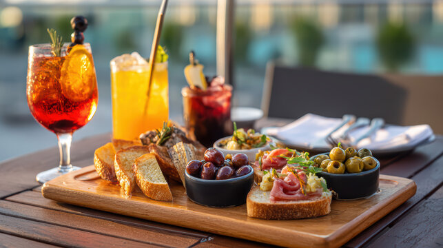 shared platter of appetizers at a sunny rooftop bar