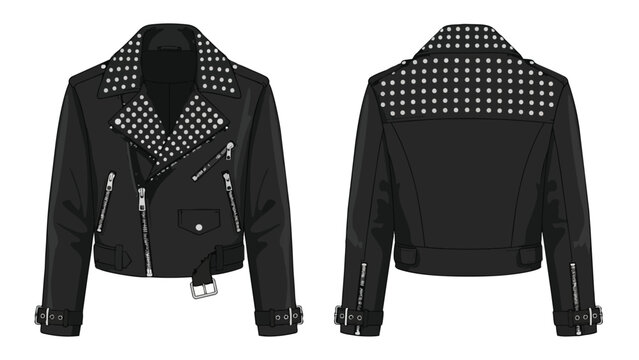 Black studded leather jacket, front and back. Features silver studs, zippers, and belt. Represents rebellious fashion and urban style, a true icon.