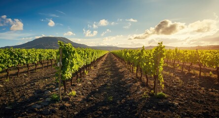 Naklejka premium Agricultural landscape highlighting grape cultivation on rough volcanic ground with bright atmosphere