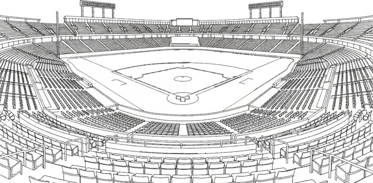 Detailed sketch of an empty baseball stadium with multiple tiers of seats