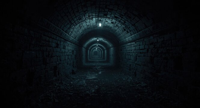 Dark underground tunnel inside basement resembling a chilling dungeon passage