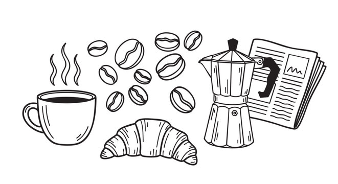 Black and white illustration of a coffee cup, croissant, coffee maker, beans, and newspaper, creating a cozy, breakfast time or coffee shop mood.