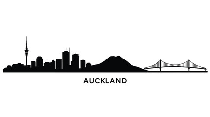 Obraz premium Auckland skyline silhouette featuring the Sky Tower harbor bridge and Mount Eden