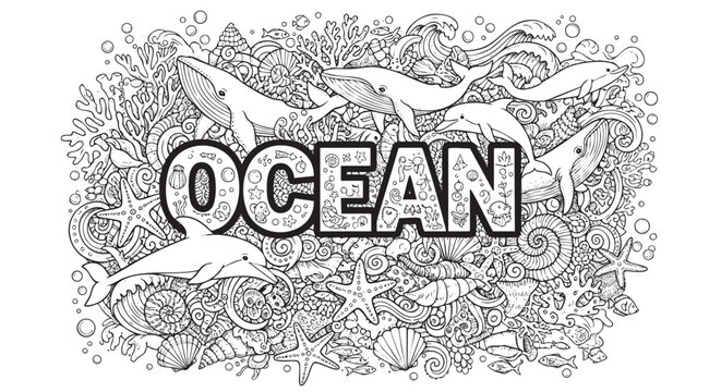 Black and white doodle of ocean life featuring whales, dolphins, fish, and coral, suitable for coloring books, textiles and prints.