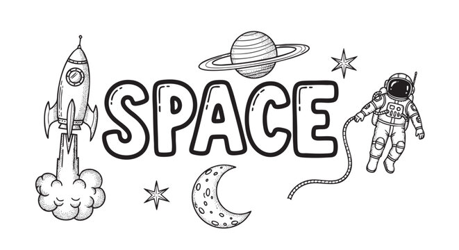Black and white hand drawn cartoon illustrations of space elements, including a rocket, moon, astronaut, and planet Saturn, isolated on a white background.