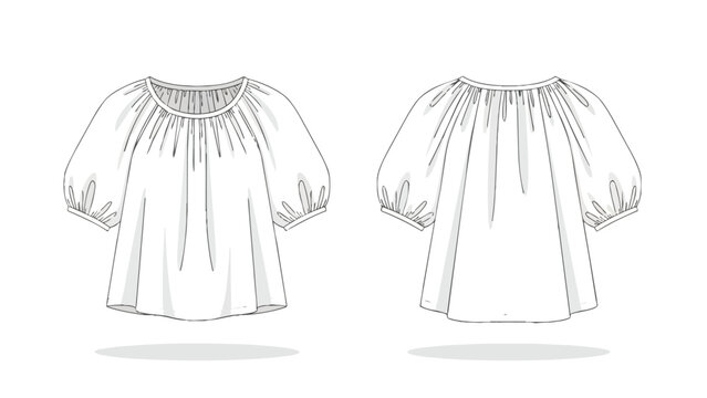 Elegant gathered neckline puff sleeve blouse technical flat drawing garment design specification