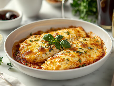 Chicken parm with Italian basil on top in white dish on table.