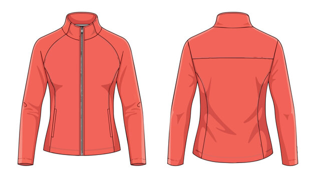 Detailed technical illustration of a vibrant coral women's athletic jacket, showcasing front and back views with precise stitching and design