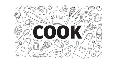 Fototapeta premium A detailed black and white line art illustration showcasing cooking elements surrounding the word 