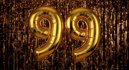 Naklejka premium Gold foil number ninety balloons glowing against a background of sparkling confetti for birthday