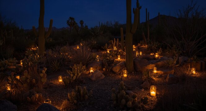 Glowing luminarias adorn a cactus landscape creating a seasonal outdoor glow
