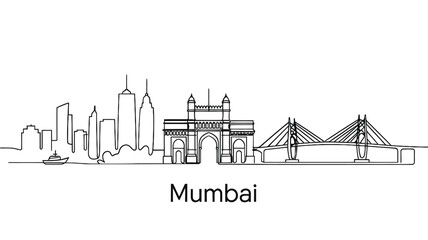 Linear illustration of mumbai s skyline featuring the gateway of india and bridge