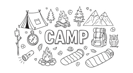 Naklejka premium Whimsical black and white doodle illustration showcasing camping elements like a tent, fire, mountains, and sleeping bags, suitable for educational or recreational projects.