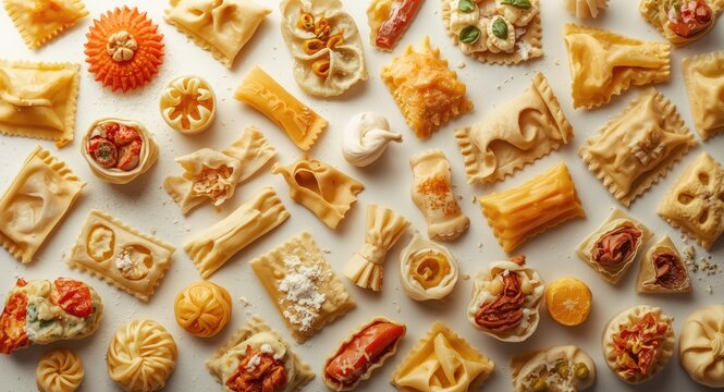 Italian stuffed pasta selection including tortellini agnolotti cappelletti ravioli and uszka arranged on a white flat surface