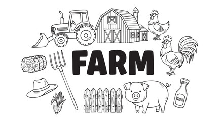 Line art illustration of farm animals, a tractor, and farm elements, perfect for a children's coloring book or farm-themed educational materials. © Chinases