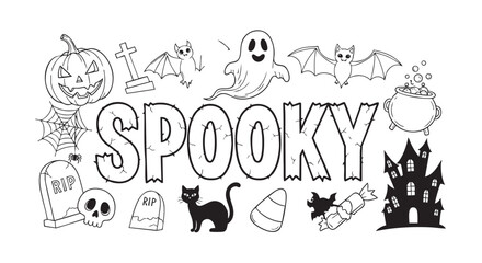 Fototapeta premium Whimsical hand-drawn black and white Halloween doodle elements including pumpkins, ghosts, bats, spiders, and spooky haunted house creating festive mood for coloring books, party invitations.