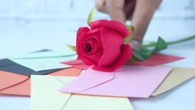 Person hand placing red rose flower on top of stack of colorful envelopes on white background close up shot