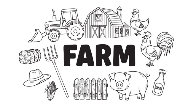 Line art illustration of farm animals, a tractor, and farm elements, perfect for a children's coloring book or farm-themed educational materials.