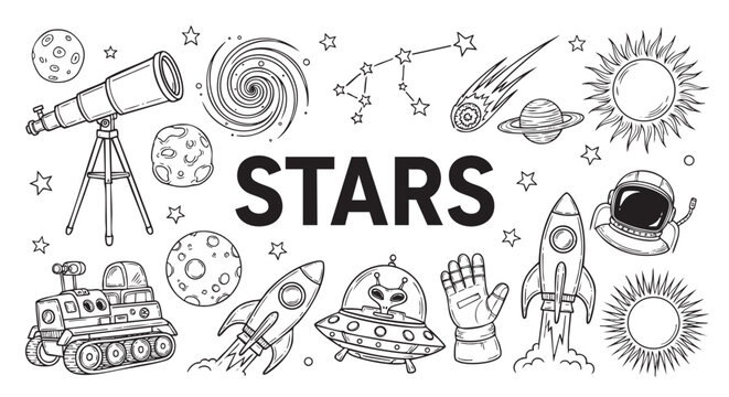 Black and white vector line art depicts space icons alongside the word STARS for educational materials, coloring books, or themed designs.