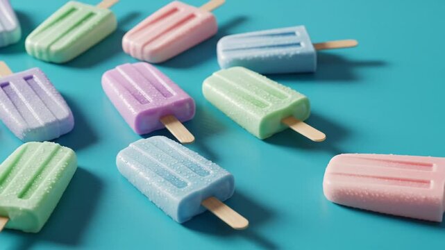 A delightful assortment of pastel-colored popsicles arranged artfully on a vibrant blue background, creating a refreshing and inviting visual.