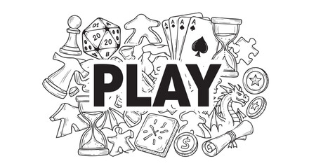 Artistic monochrome illustration of dice, playing cards, board game pieces and fantasy game elements with the word PLAY in bold for recreational use.
