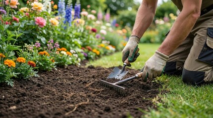 Fototapeta premium Professional gardener preparing soil in colorful flower bed,close up of hands using rake and trowel,seasonal garden maintenance,home landscaping,organic soil care concept