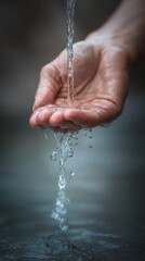 Water drop trickling down a person's hand, capturing the essence of conservation and the importance of saving our planet's resources