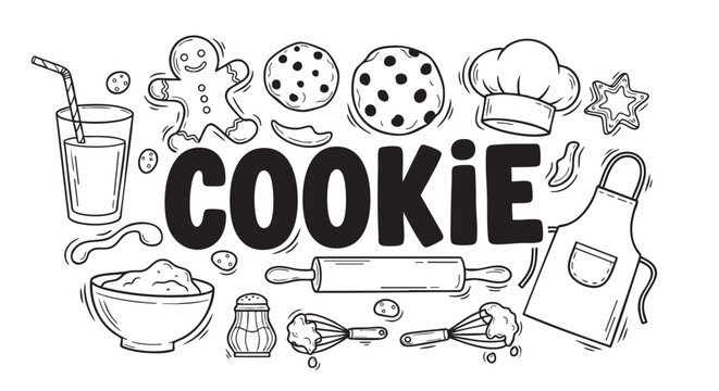 A black and white doodle style illustration of cookie baking elements, including cookies, ingredients, and baking tools, perfect for culinary and baking themed projects.