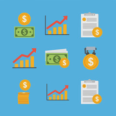 Financial icons showing money and growth on a solid teal background