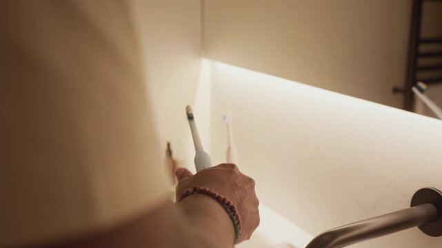 Close up of African American man squeezing out toothpaste on eclectic toothbrush while doing morning routine