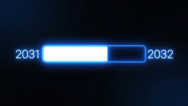 Glowing blue progress bar on a black background displays the year 2031 with incomplete progress