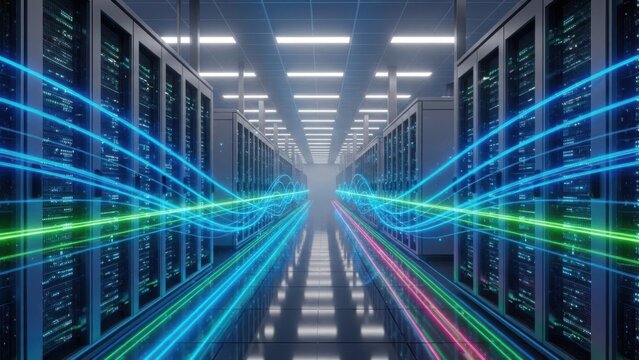 Digital data streams in futuristic server room showing information flow technology
