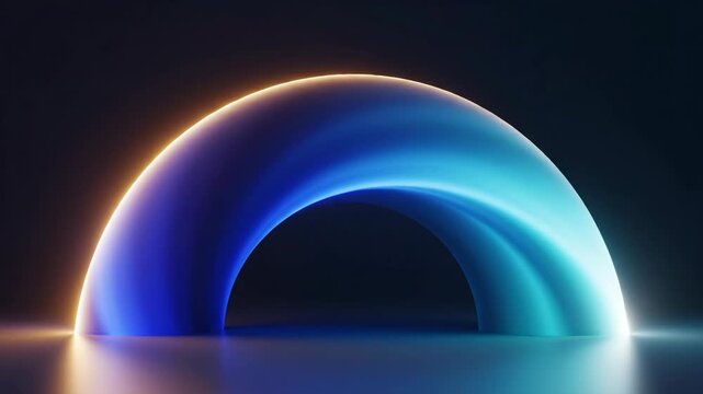 A serene blue arch glows softly on a dark reflective surface, viewed from a slight angle, showcasing a gradient of light and shadow.