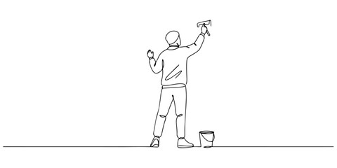 Continuous one line of a person painting street art on a wall, symbolizing creativity and urban expression, drawn illustration. © Haus