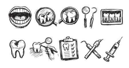 Obraz premium Black and white sketch illustration of various dental elements. Includes teeth, mouth, x-ray, syringe and instruments. Useful for dental health, clinic, or educational projects.