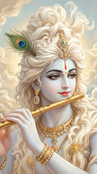Beautiful illustration of lord krishna playing golden flute with white hair and peacock feather for krishna panchami and janmashtami festival celebration and religious blissful worship