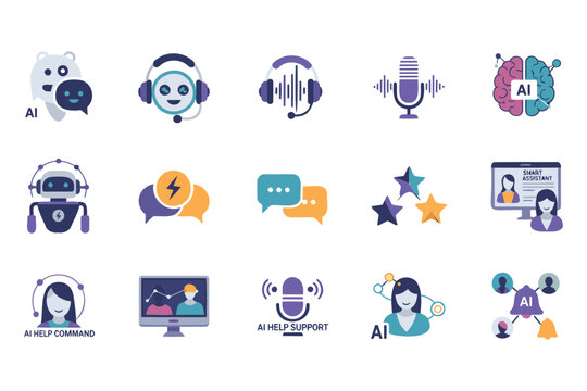 Colorful artificial intelligence and tech support icons collection featuring robots chatbots and voice assistants isolated