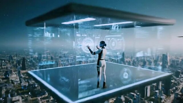 Drones oversee city, Operators remotely manage drone fleet over city skyline, Flying surveillance vehicles monitor urban infrastructure while operators control stations from high vantage points