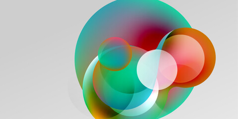 Obraz premium Abstract circles overlap, creating vibrant color blends. Teal, orange, pink hues dominate against dark background. Modern design.