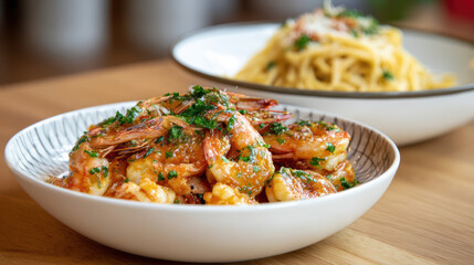 deconstructed shrimp scampi dish on a white background