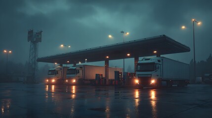Fototapeta premium Cinematic truck stop at dawn shows white semi-trucks parked under a canopy with wet asphalt reflecting the glowing sky and station lights.