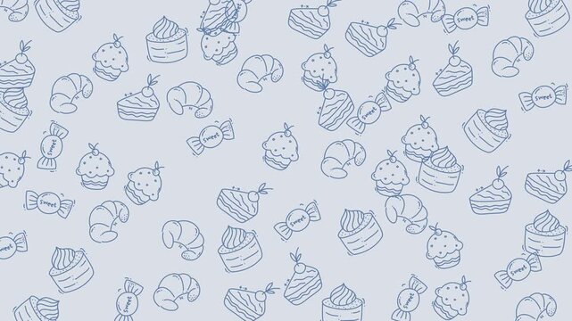 Background pattern featuring candy cakes and croissants in outline style, ideal for bakery menus, food packaging design, or culinary blogs.