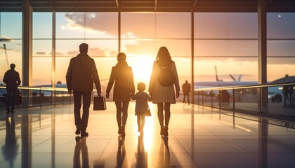 Family at Airport Terminal Walking Towards Gate with Golden Sunset Light.