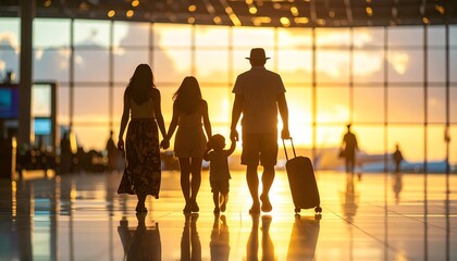 Family Adventure Begins Together Silhouette at Airport During Sunrise Vacation Travel Concept.