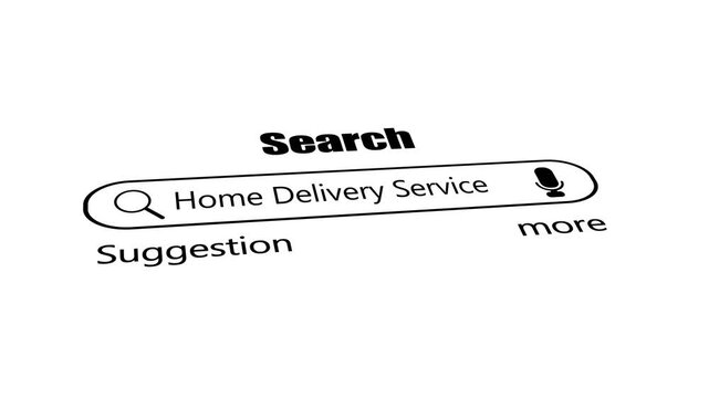Home delivery service search bar on white background, minimal black web browser interface with magnifying glass and voice search icon, logistics and food delivery seo concept.