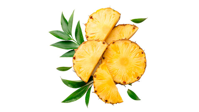 Whole pineapple with slices on transparent background.