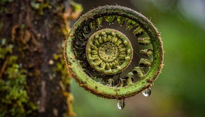 Unfurling Beauty A Close Up of a Young Fern Fiddlehead with Water Droplets in a Lush Forest Setting.