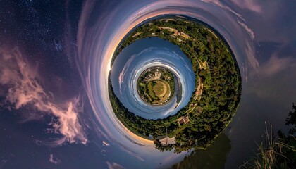 Panoramic Tiny Planet View of a Serene Landscape with Water Trees Sky and a Building.