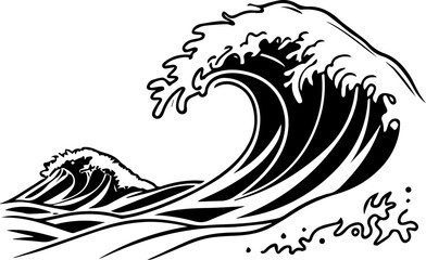 Black and White Stylized Ocean Wave Vector Graphic Japanese Ukiyo e Woodcut Inspired Water Surf Tattoo Design Element
